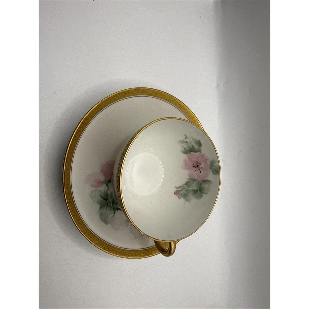GDA France Limoges Pink Flower Teacup Coffee Cup Saucer Gold Trim Vintage France